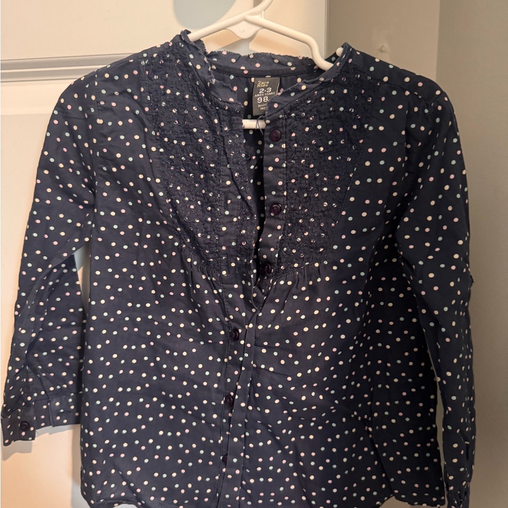 Zara Kids Navy Polka Dot Button-Up Blouse